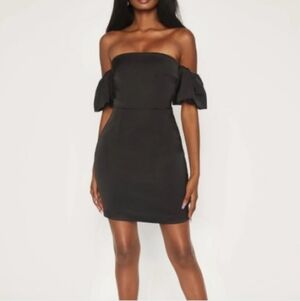 MESHKI Amberley Puff Sleeve Black Satin Mini Dress Size XS